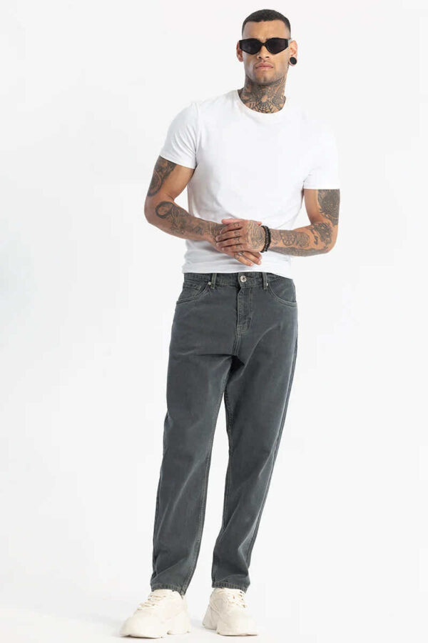 Charcoal Grey Plain Baggy Fit Jeans - Image 3